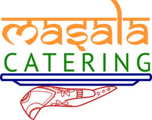 Masala Catering PDX Logo in orange, greeen, red, and purple, displaying our name stacked on a platter, with a line drawing of a henna-designed hand holding the tray.