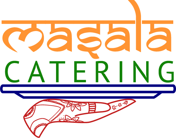 Masala Catering PDX Logo in orange, greeen, red, and purple, displaying our name stacked on a platter, with a line drawing of a henna-designed hand holding the tray.